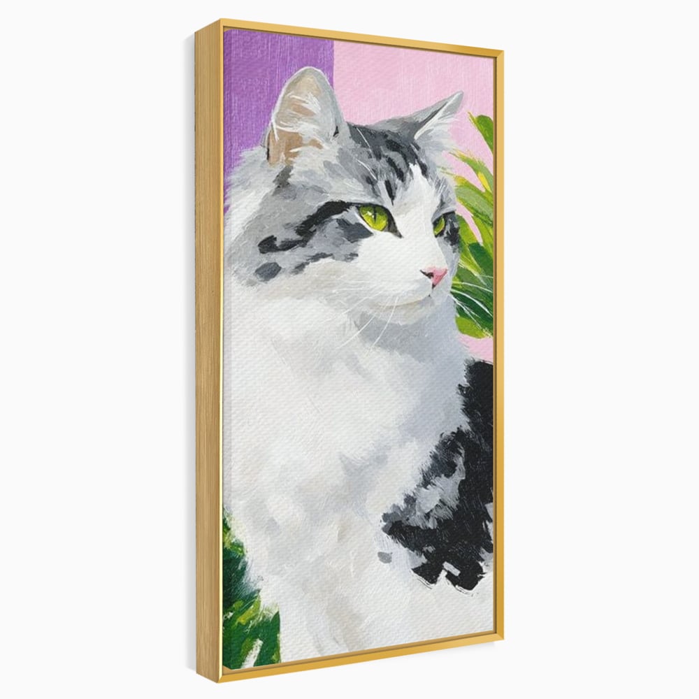 Tablou canvas cu pictura cu portret de pisica, in rama de aluminiu auriu